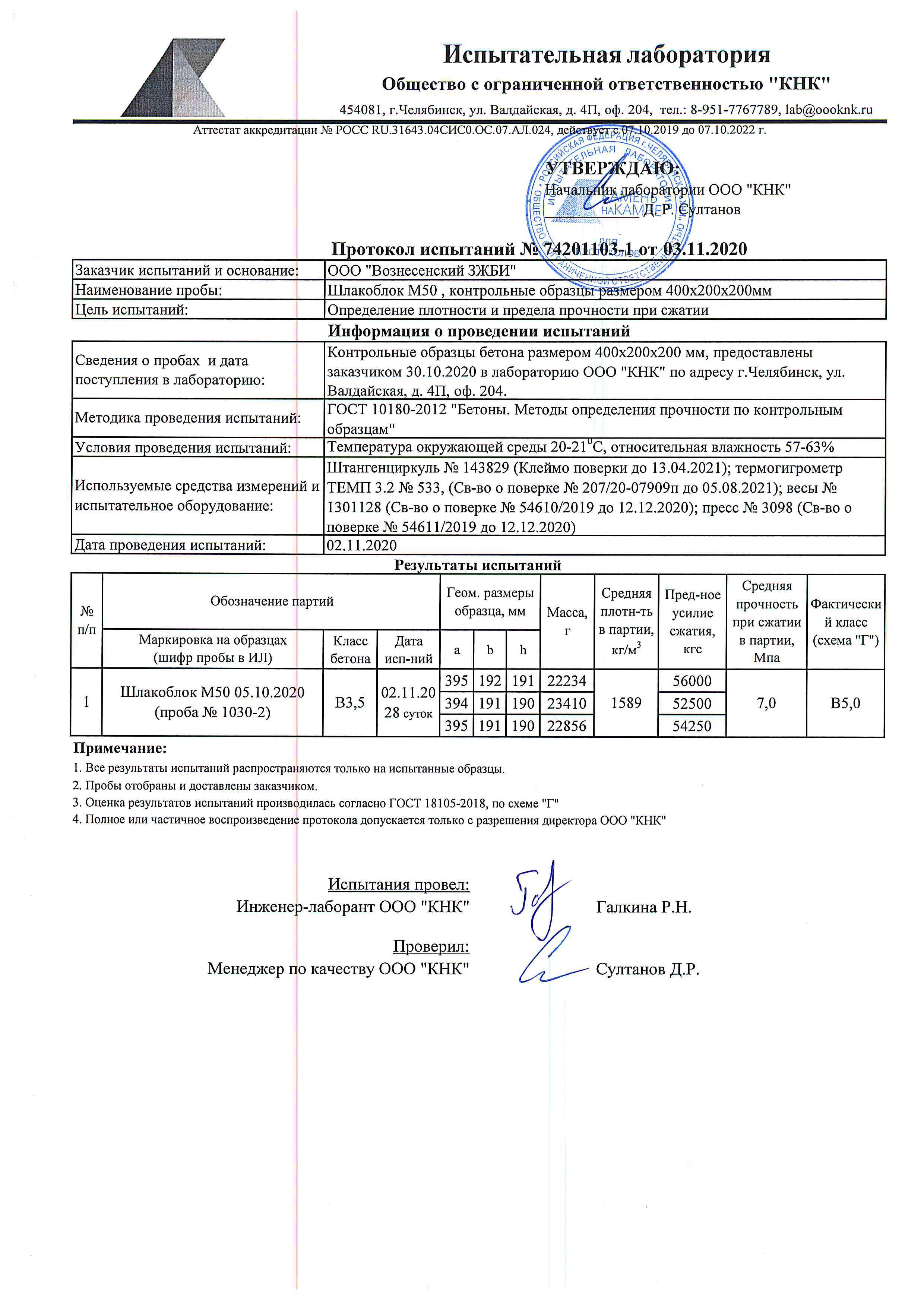 Протокол испытаний: Шлакоблок М50