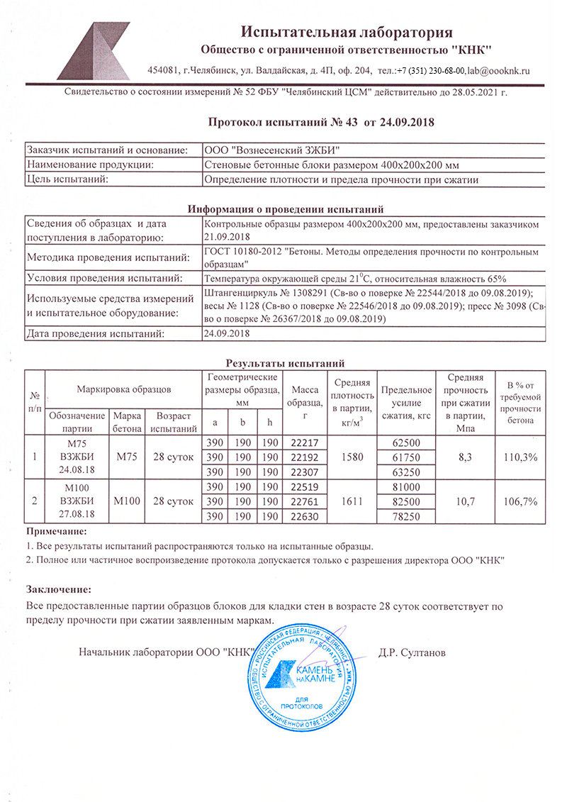 Протокол испытаний: Стеновые бетонные блоки размером 400x200x200 мм